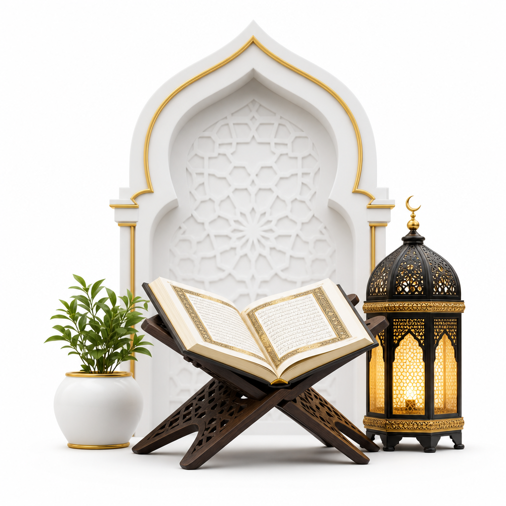 Open Quran on a traditional wooden rehal book stand